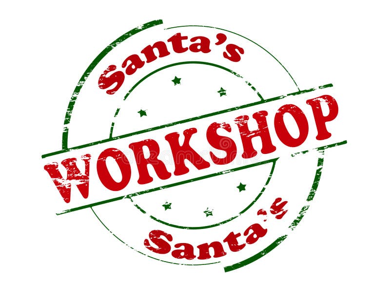 Rubber stamp with text Santa workshop inside, illustration. Inside santa workshop illustrations