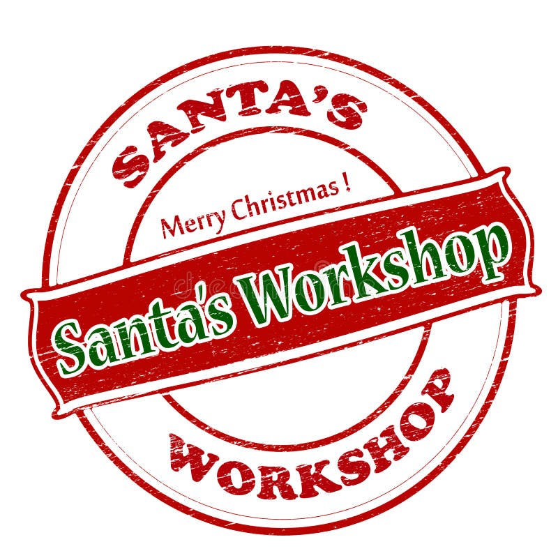 Rubber stamp with text Santa workshop inside, illustration. Inside santa workshop illustrations