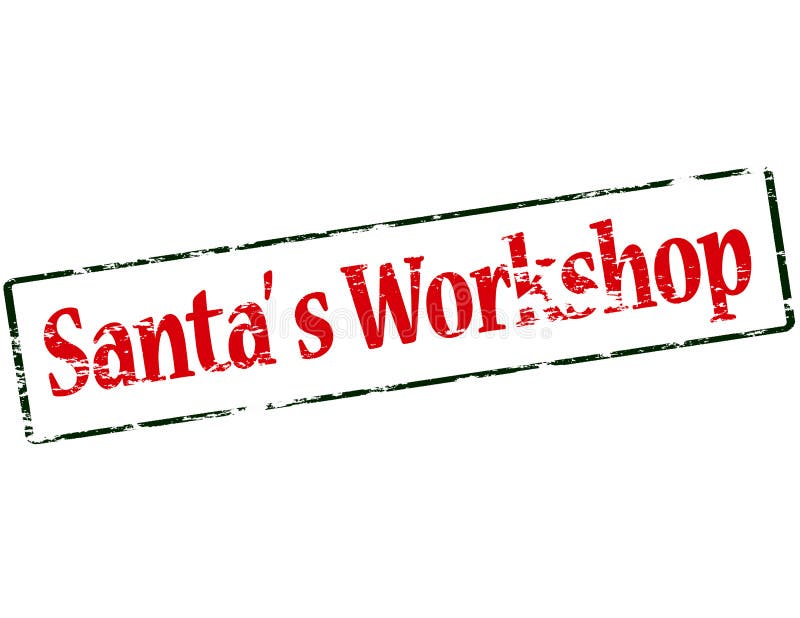 Rubber stamp with text Santa workshop inside, illustration. Inside santa workshop illustrations
