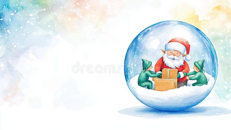Santa workshop snow globe, elves working inside, white background, watercolor style, Generative AI. Inside santa workshop illustrations