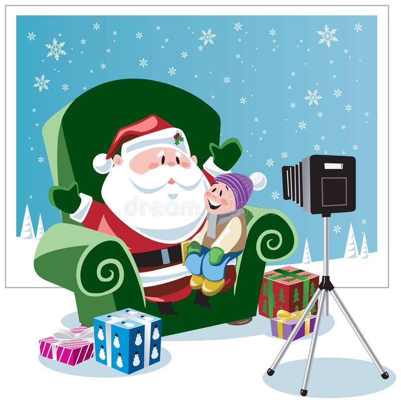 Child sitting on Santa Claus' knee in a big chair posing in front of a camera on a tripod surrounded by gifts and a winter scene backdrop. Child sitting on Santa Claus' knee in a big chair posing in front of a camera on a tripod surrounded by gifts and a winter scene backdrop