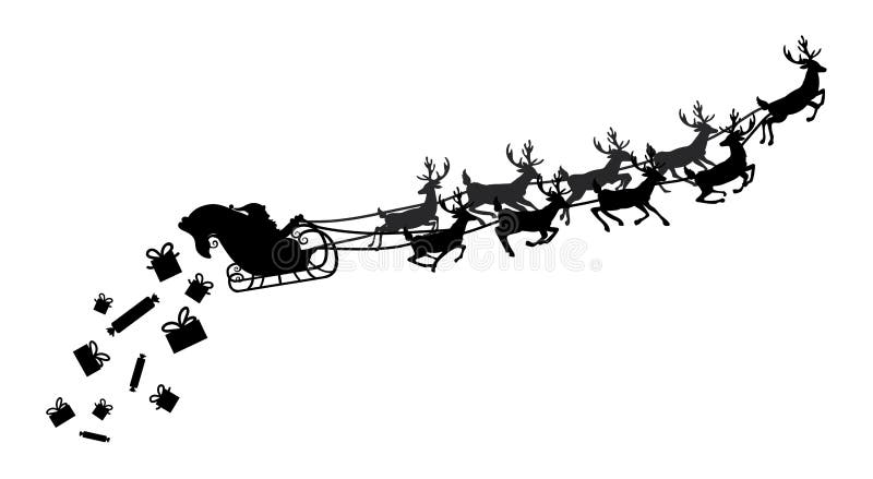 Santa flying in a sleigh with reindeer. Vector illustration. Isolated object. Black silhouette. Santa flying in a sleigh with reindeer. Vector illustration. Isolated object. Black silhouette.