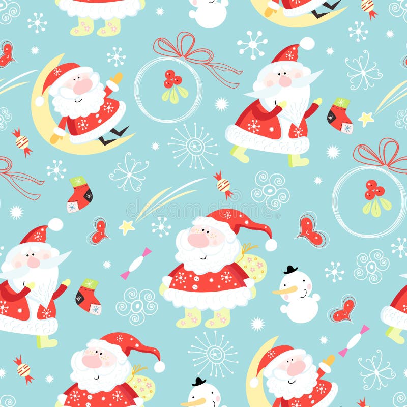 Seamless pattern of gay santa claus on a light blue background with snowflakes and gifts. Seamless pattern of gay santa claus on a light blue background with snowflakes and gifts