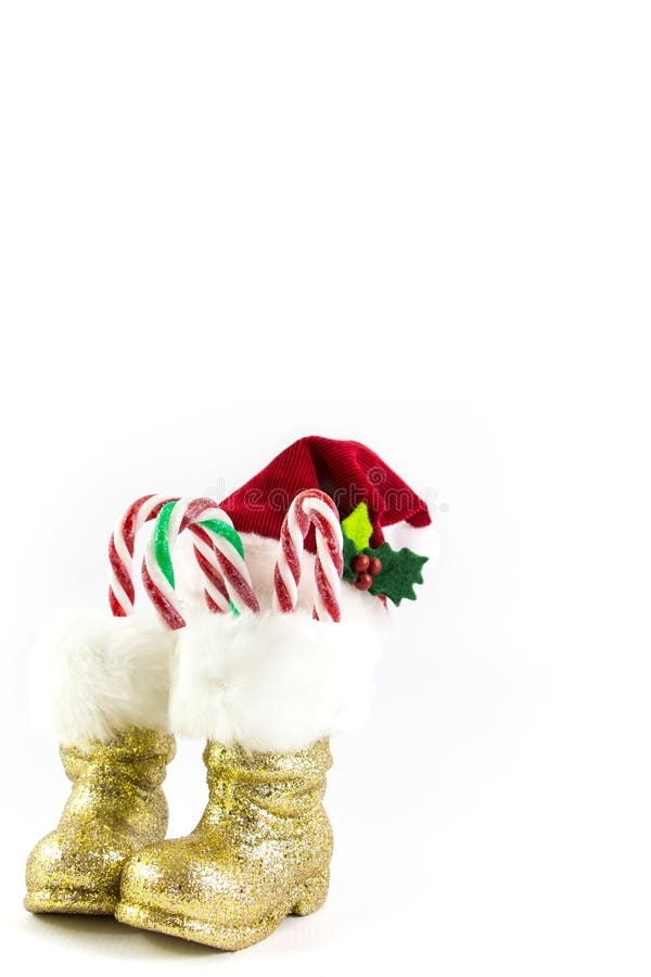 Santas Golden Boots and Red Hat with Christmas Balls Stock Photo ...