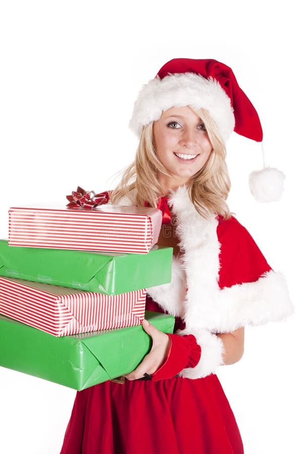 Santas helper holding presents looking