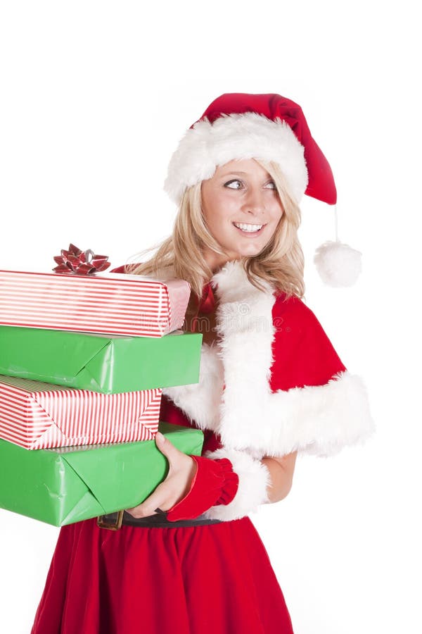 Santas helper holding presents looking back