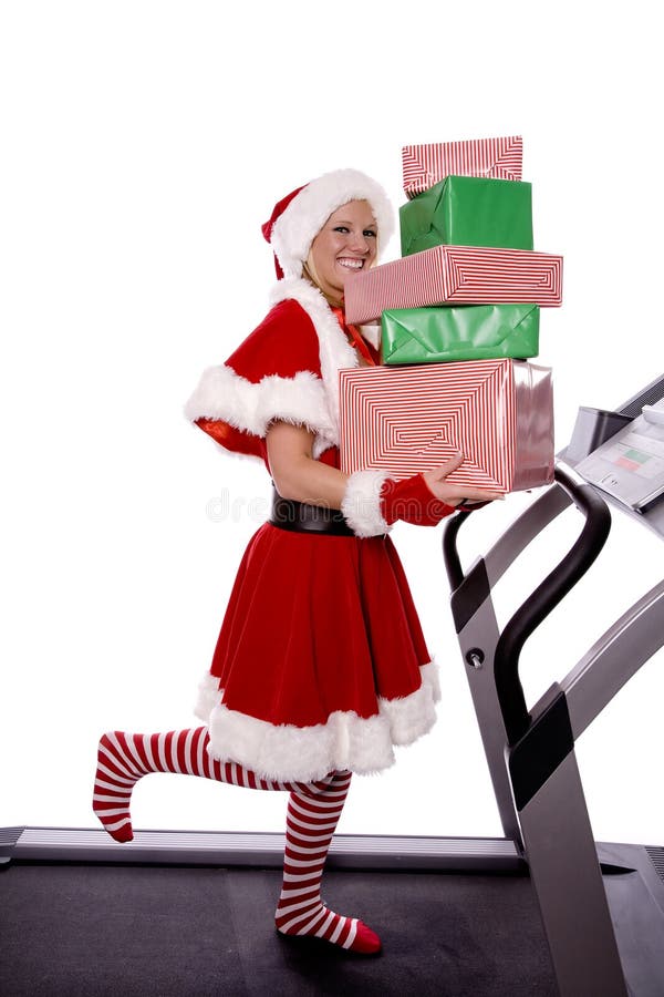 Santas helper on treadmill with gifts