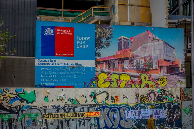 SANTIAGO, CHILE - OCTOBER 16, 2018: Informative sign of building in honor to Gabriela Mistral in Santiago, Chile, the stock photo SANTIAGO, CHILE - OCTOBER 16, 2018: Informative sign of building in honor to Gabriela Mistral in Santiago, Chile, the stock photo