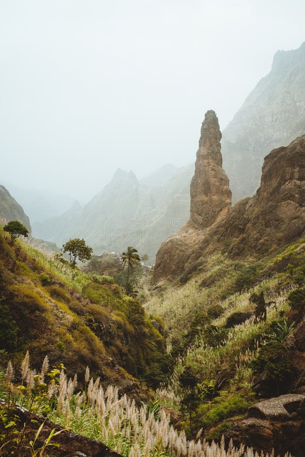 Santo Antao. Cape verde. Xo-Xo valley with amazin mountain peaks. Many cultivated plants growing in the valley between