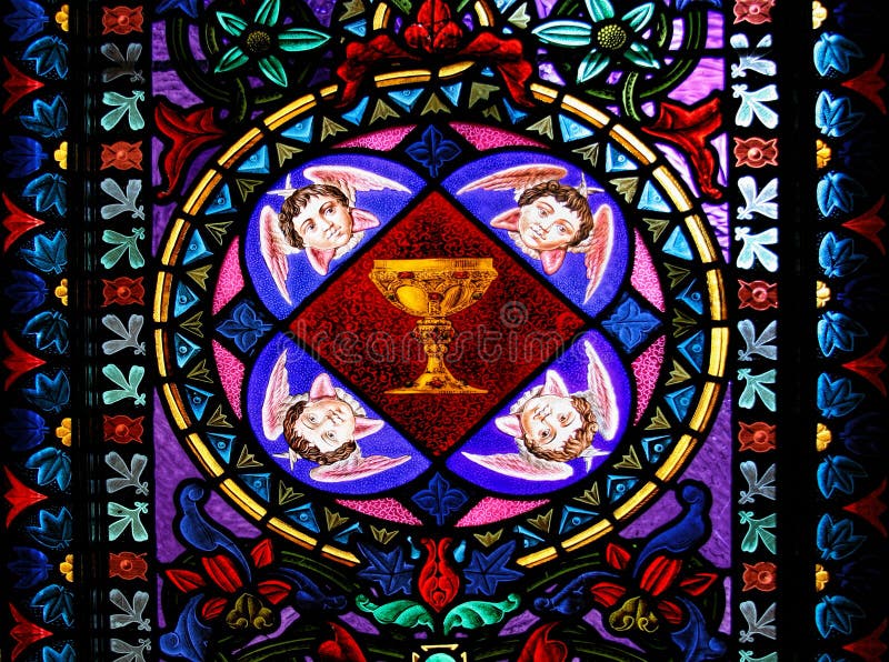 Holy Grail: beautiful stained glass window from Santa Maria de Montserrat Abbey (Catalonia, Spain). Holy Grail: beautiful stained glass window from Santa Maria de Montserrat Abbey (Catalonia, Spain).