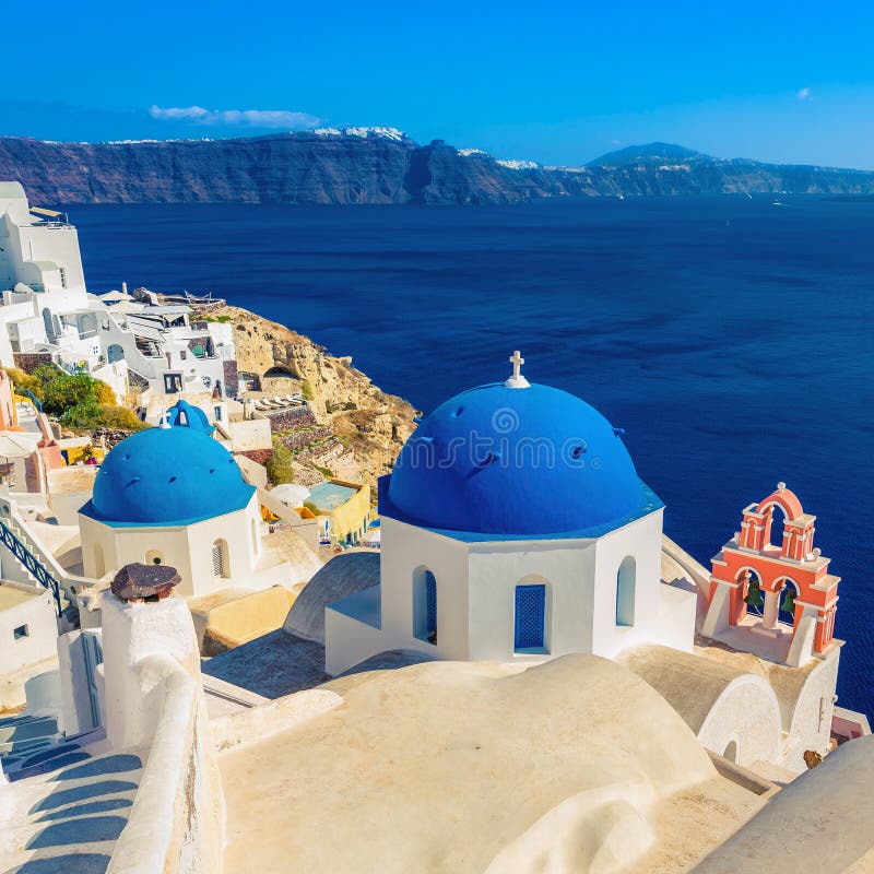 Santorini Blue Dome Churches, Greece Stock Image - Image of tourism ...