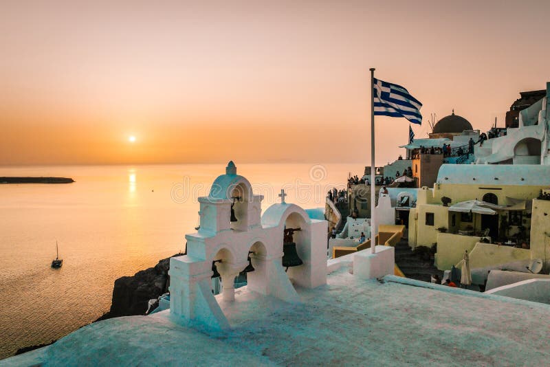 Santorini Oia Greece Europe Sunset En El Pueblo Blanco De Oia Santorini