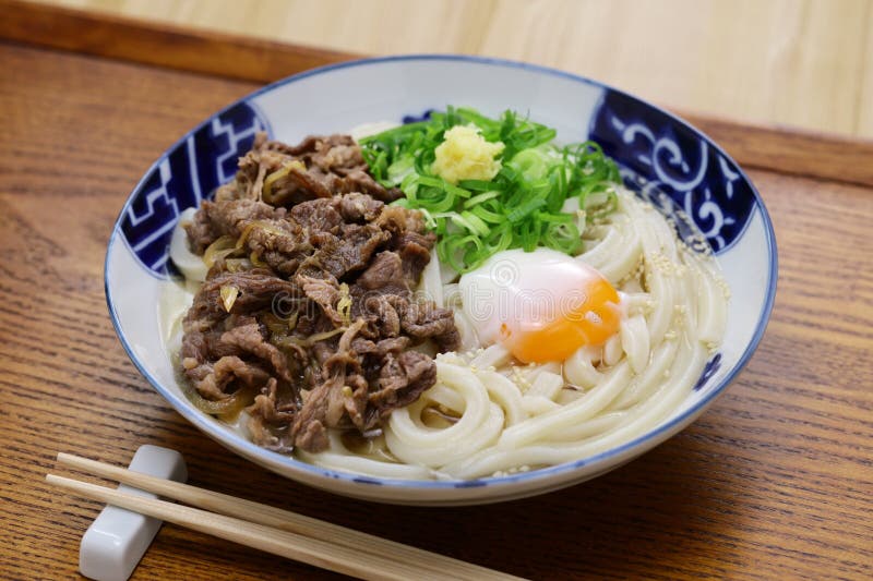 Sanuki udon with beef and soft-boiled egg, Japanese noodle dish