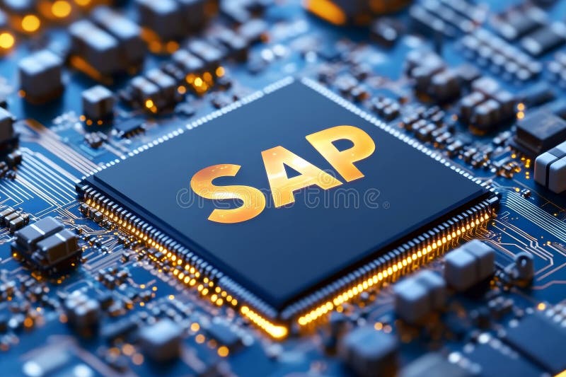 SAP - Software for automating business processes, depicted as a circuit board with a glowing microchip and illuminated stock photography
