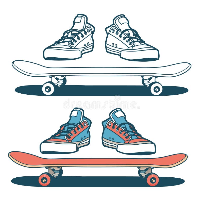 Sapatilhas e skate isolados ilustração stock Sapatilhas e skate isolados ilustração stock