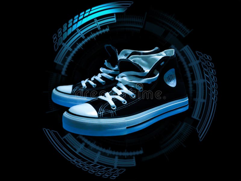 Sapatilhas superiores altas em alto azul - círculo da tecnologia imagens de stock Sapatilhas superiores altas em alto azul - círculo da tecnologia imagens de stock