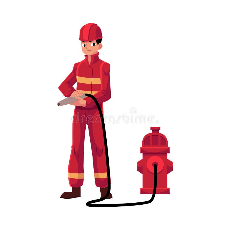 Sapeur-pompier, pompier dans le tuyau d'incendie rouge de participation de tenue de protection, bouche d'incendie illustration de vecteur Sapeur-pompier, pompier dans le tuyau d'incendie rouge de participation de tenue de protection, bouche d'incendie illustration de vecteur