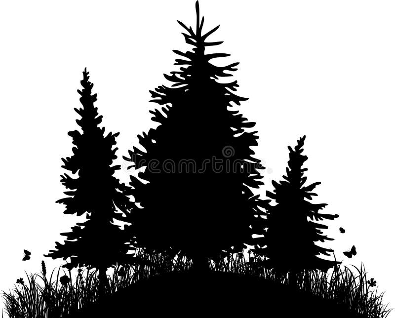 Sapins sur une colline avec l'herbe et les papillons illustration de vecteur Sapins sur une colline avec l'herbe et les papillons illustration de vecteur
