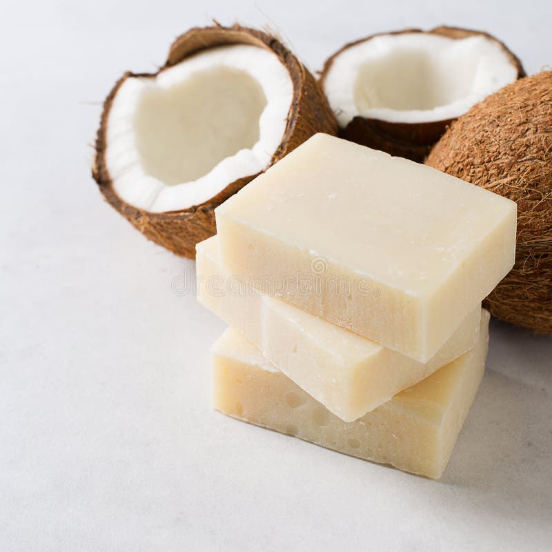 Coconut handmade soap, spa and body care concept, wellness, copy space, square. Coconut handmade soap, spa and body care concept, wellness, copy space, square