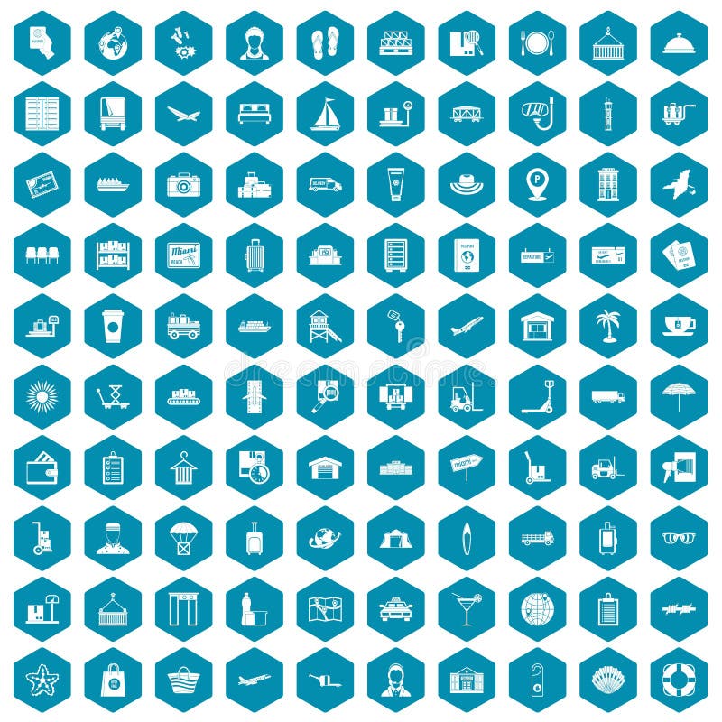 100 luggage icons set in sapphirine hexagon isolated vector illustration. 100 luggage icons set in sapphirine hexagon isolated vector illustration