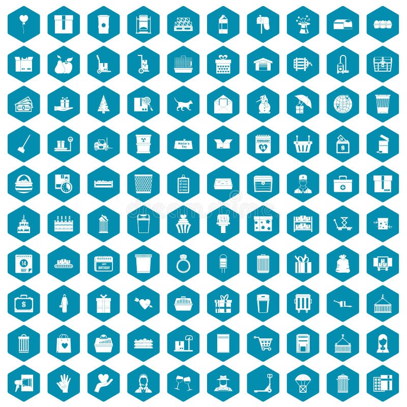 100 box icons set in sapphirine hexagon isolated vector illustration. 100 box icons set in sapphirine hexagon isolated vector illustration