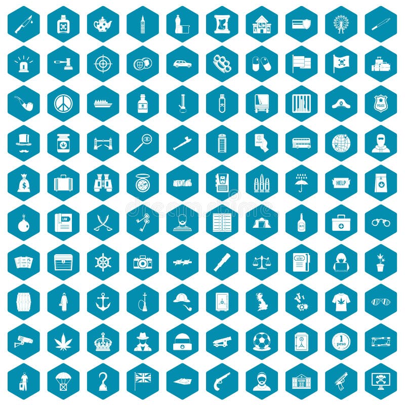 100 offence icons set in sapphirine hexagon isolated vector illustration. 100 offence icons set in sapphirine hexagon isolated vector illustration