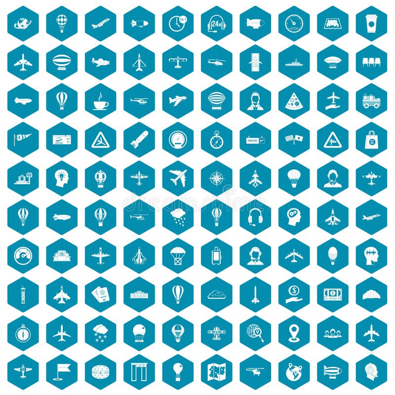 100 aviation icons set in sapphirine hexagon isolated vector illustration. 100 aviation icons set in sapphirine hexagon isolated vector illustration