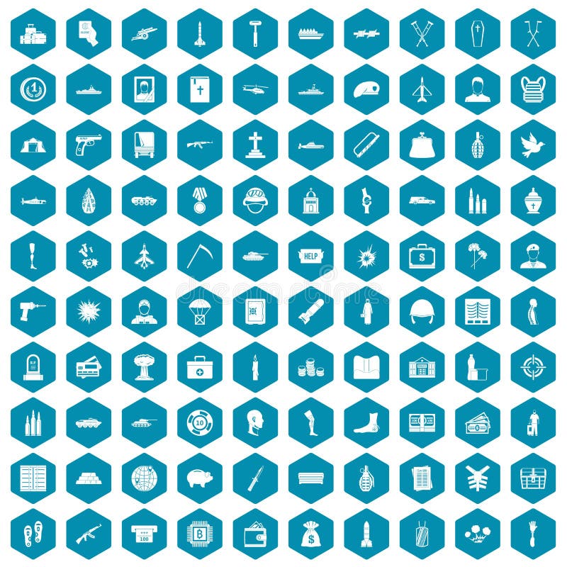 100 war crimes icons set in sapphirine hexagon isolated vector illustration. 100 war crimes icons set in sapphirine hexagon isolated vector illustration