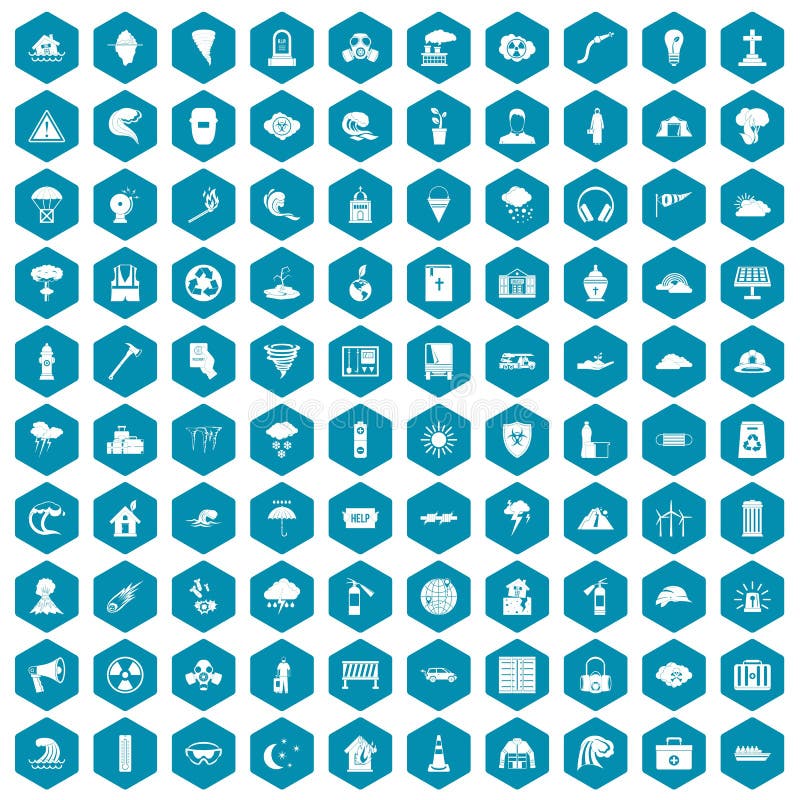 100 disaster icons set in sapphirine hexagon isolated vector illustration. 100 disaster icons set in sapphirine hexagon isolated vector illustration