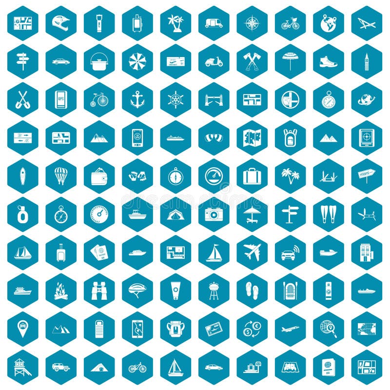 100 travel icons set in sapphirine hexagon isolated vector illustration. 100 travel icons set in sapphirine hexagon isolated vector illustration
