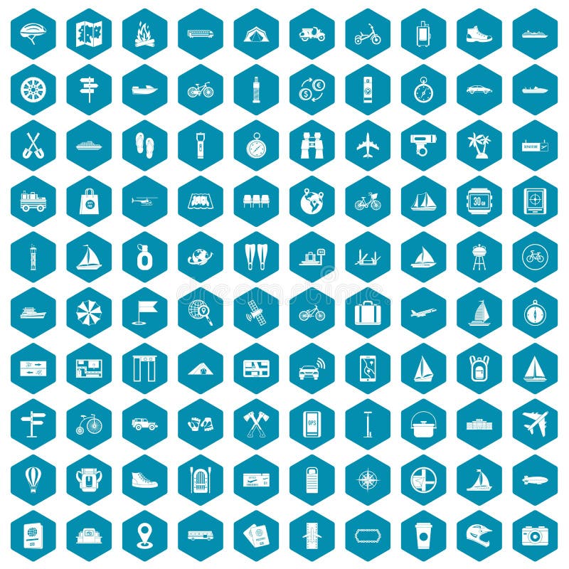 100 voyage icons set in sapphirine hexagon isolated vector illustration. 100 voyage icons set in sapphirine hexagon isolated vector illustration