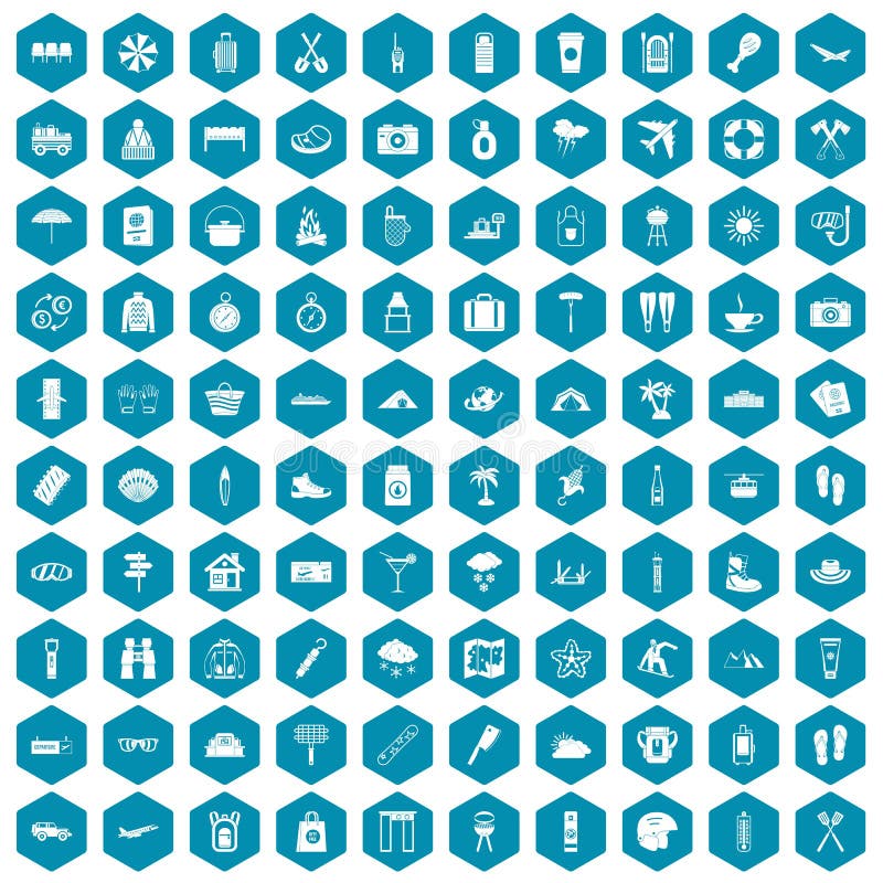 100 vacation icons set in sapphirine hexagon isolated vector illustration. 100 vacation icons set in sapphirine hexagon isolated vector illustration