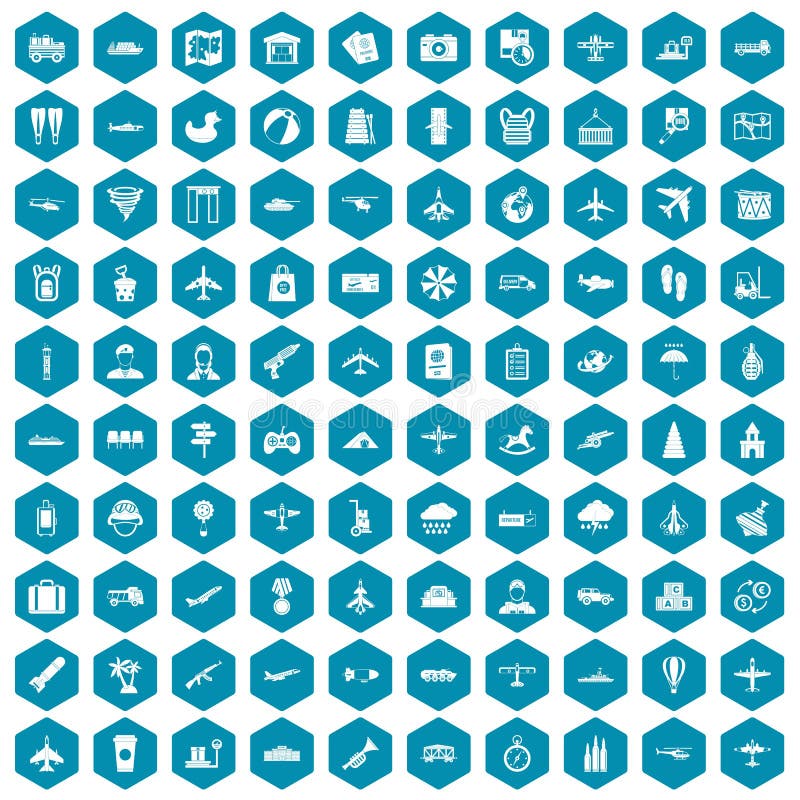 100 plane icons set in sapphirine hexagon isolated vector illustration. 100 plane icons set in sapphirine hexagon isolated vector illustration