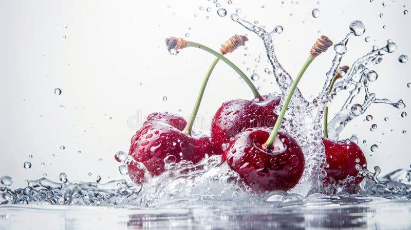 This phrase describes the action of ripe cherries falling or being dropped into water, causing a splash. This phrase describes the action of ripe cherries falling or being dropped into water, causing a splash.