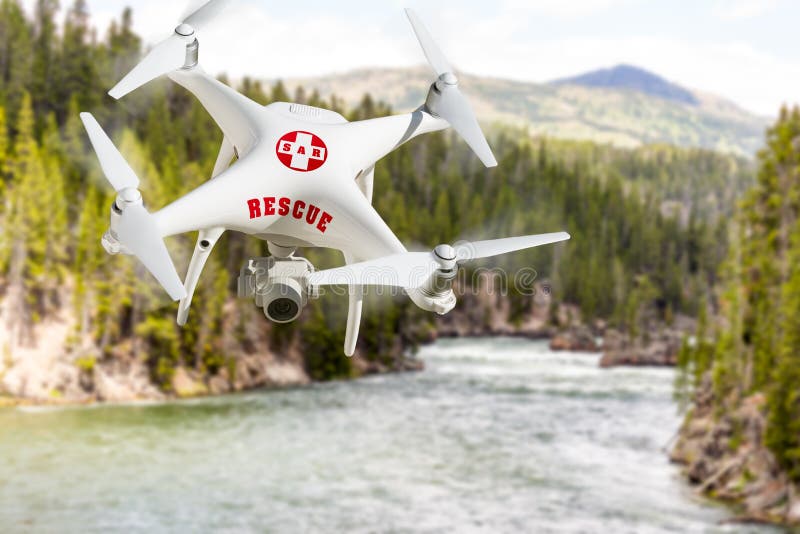 SAR - Search and Rescue Unmanned Aircraft System, UAS Drone Flying Above River in the Wilderness