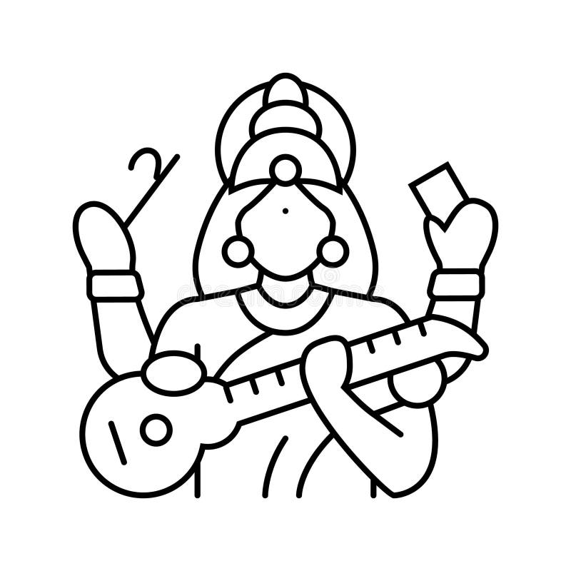 Sarasvati vector illustration of line drawing of Hindu Goddess of wisdom,  music and fine arts, Asian spiritual symbol, oriental wisdom, yoga, om