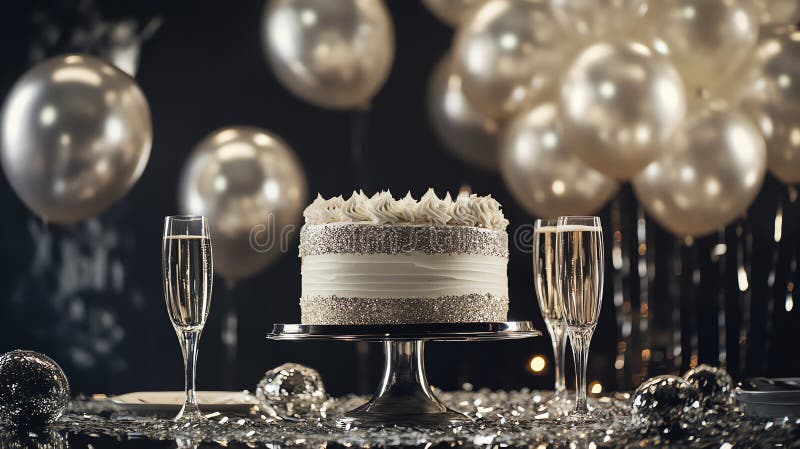 Sarbatoare eleganta de ziua de nastere cu tort si baloane royalty free stock photography