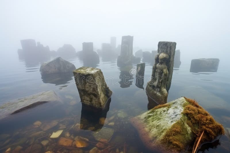 cluster of sunken stone sarcophagi in a misty lake, created with generative ai AI generated. cluster of sunken stone sarcophagi in a misty lake, created with generative ai AI generated