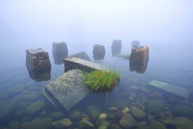 cluster of sunken stone sarcophagi in a misty lake, created with generative ai AI generated. cluster of sunken stone sarcophagi in a misty lake, created with generative ai AI generated