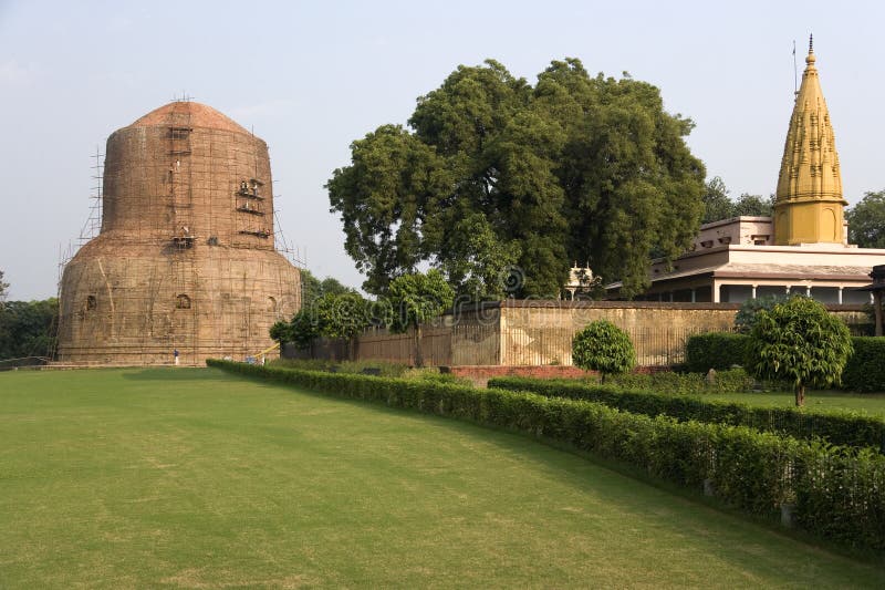 The Dhamekh Stupa in Sarnath neat Varanasi in the Uttar Pradesh region of India. Built in the 5th Century AD the Stupa is the birthplace of Buddhism. The Dhamekh Stupa in Sarnath neat Varanasi in the Uttar Pradesh region of India. Built in the 5th Century AD the Stupa is the birthplace of Buddhism.