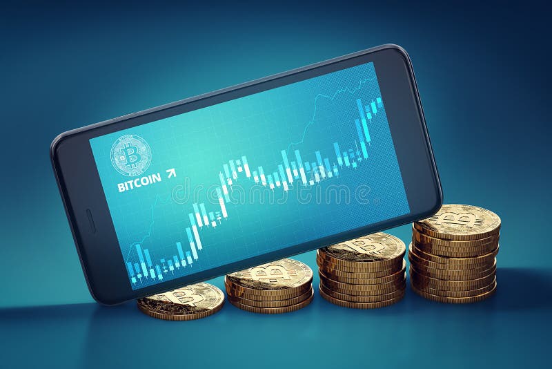 Sartphone horizontal con la colocación en pantalla de la carta de la oleada de Bitcoin en pilas crecientes de Bitcoins de oro libre illustration Sartphone horizontal con la colocación en pantalla de la carta de la oleada de Bitcoin en pilas crecientes de Bitcoins de oro libre illustration