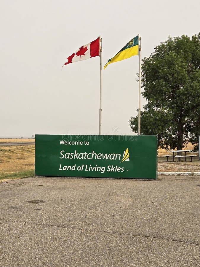 Saskatchewan sign border of Alberta Prairies stock photo