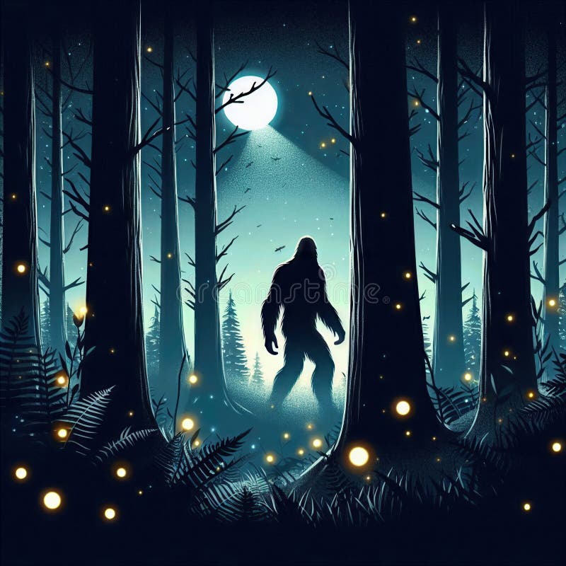 Sasquatch silhouette i månbelyst skog royaltyfri illustrationer