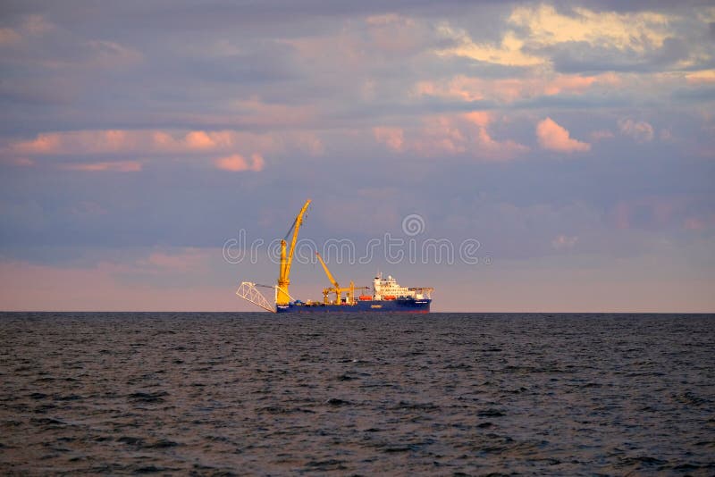 SASSNITZ, GERMANY - OKTOBER 4, 2020: Nord Stream 2 pipelayer Akademik Tscherski at sea