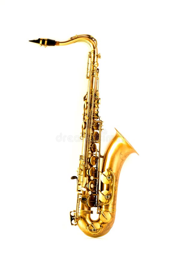 Sassofono dorato del sax di tenore isolato su bianco