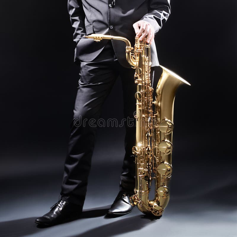 Saxophone baritone jazz music instruments Jazz man with sax. Saxophone baritone jazz music instruments Jazz man with sax