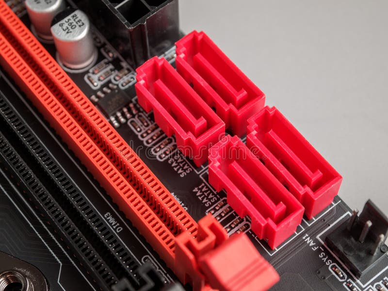 SATA connectors, Serial ATA, Interface ports for connecting HDD hard disk drives, SSD solid-state drives, Close-up, Selective stock photos