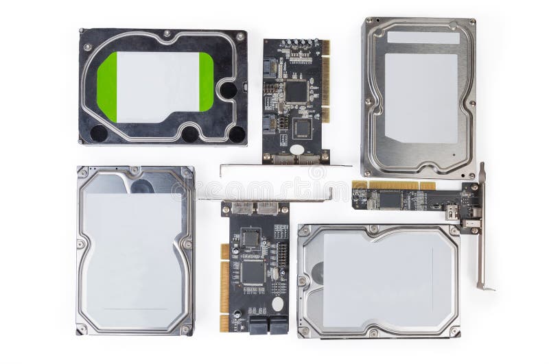 SATA Hard Disk Drives and Disk Controllers on White Background Stock