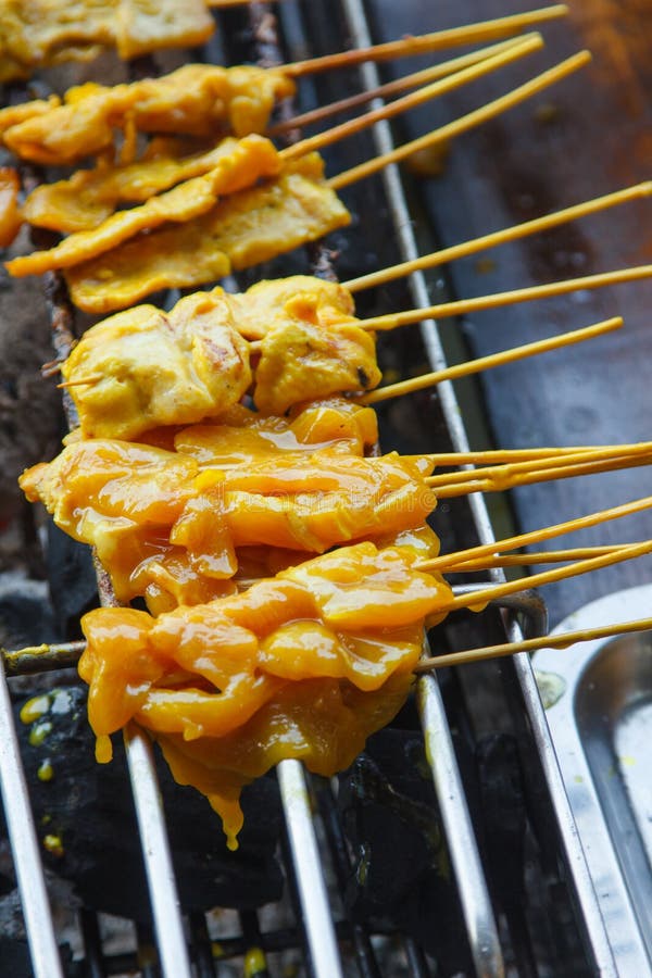 Satay chicken on grill. stock photo. Image of dish, culinary 39288458