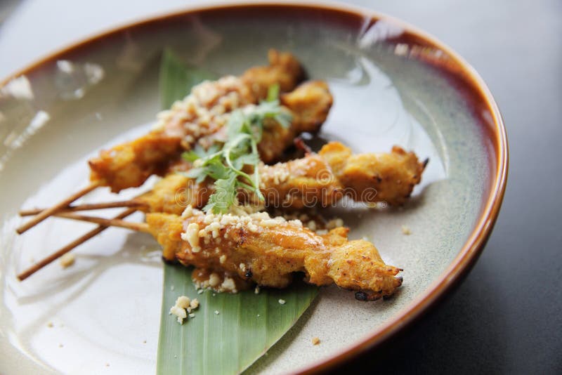 Satay de kip, verzadigt ayam en lontong met pindasaus stock foto Satay de kip, verzadigt ayam en lontong met pindasaus stock foto